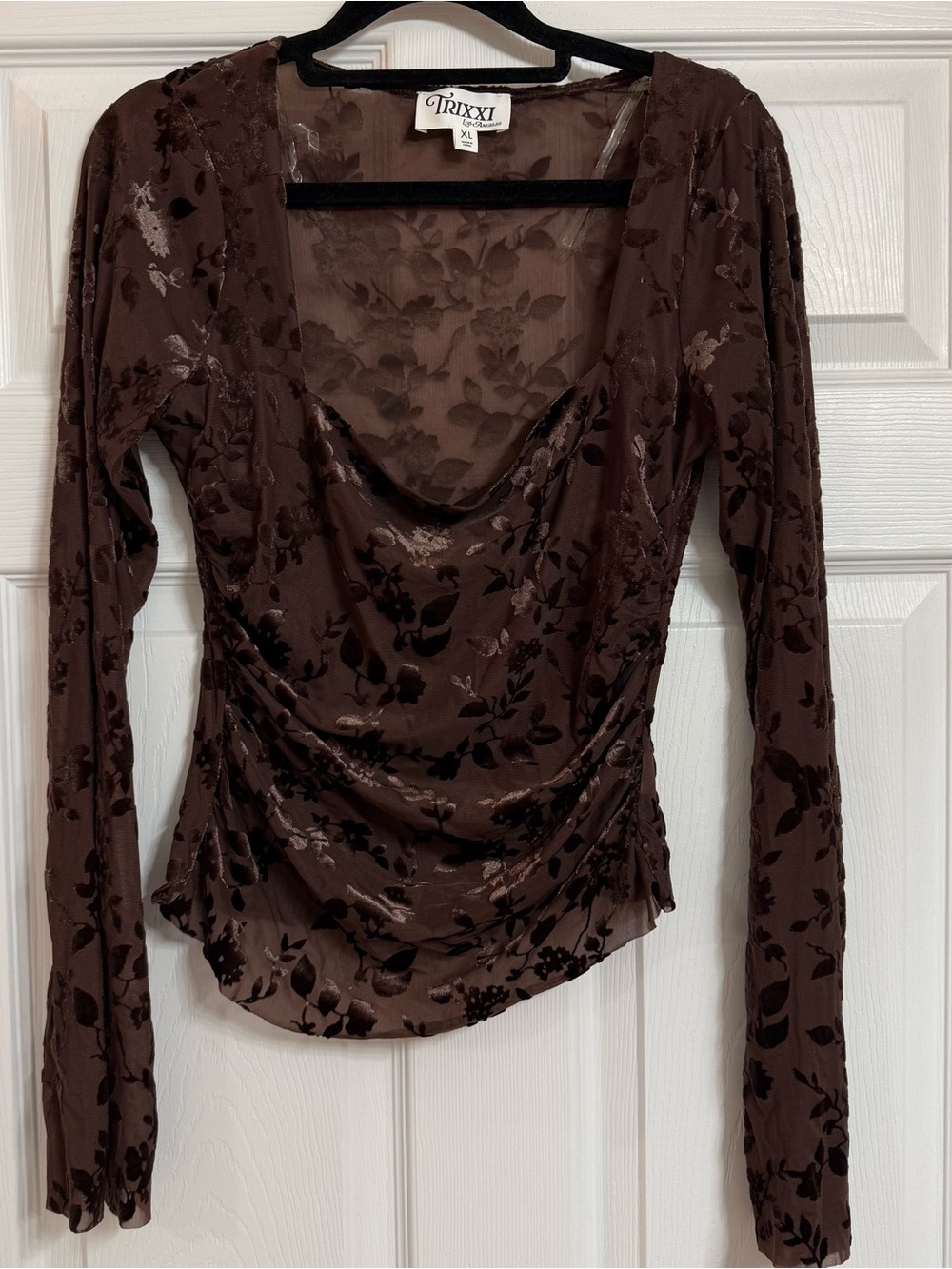 Trixxi Chocolate Brown Velvet Burnout Long Sleeve Square Neck Top